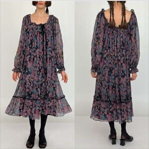 Vintage Union Made Pleated Midi Dress Size 4 Dark Floral Purple Fairy 70s 80s